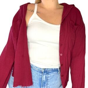 Maroon Red Muslin Distressed Slouchy Button Up Top Plus